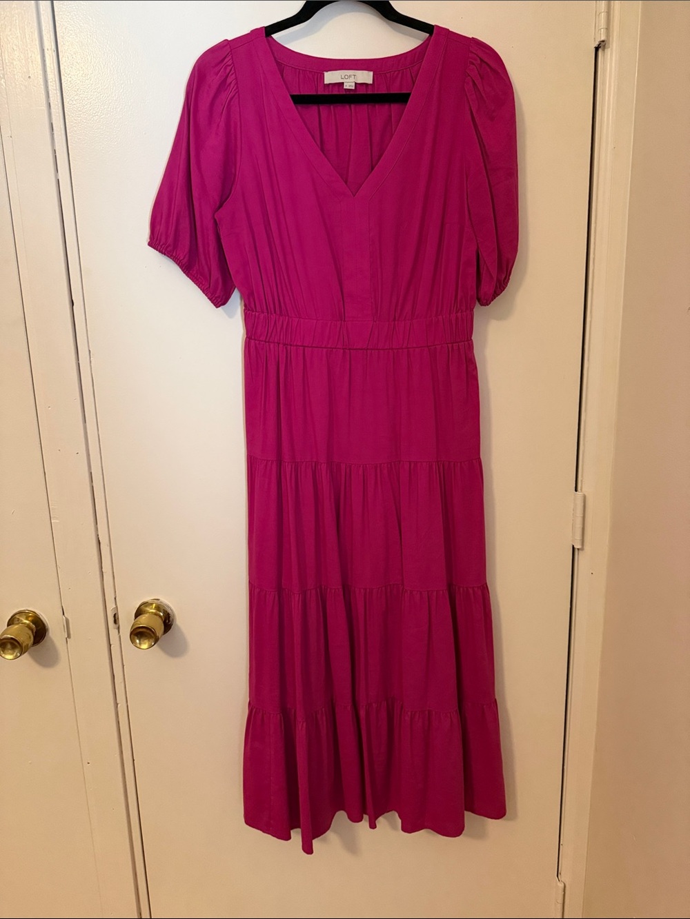 LOFT Bright Fuchsia V-Neck Tiered Maxi Dress